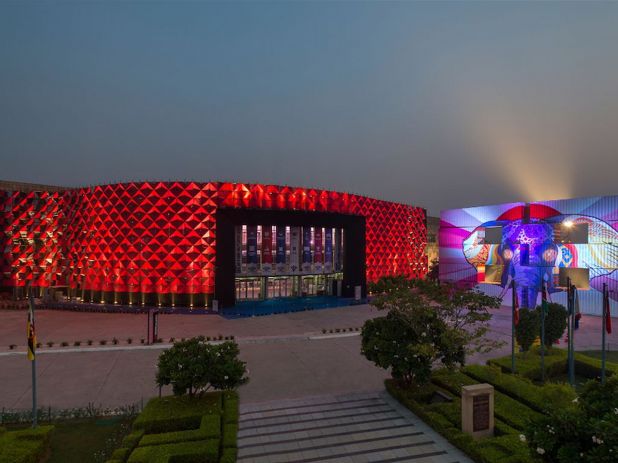 hotels near India Expo Centre Greater Noida — ExpoInn Suites and Convention campus exterior during a major exhibition event