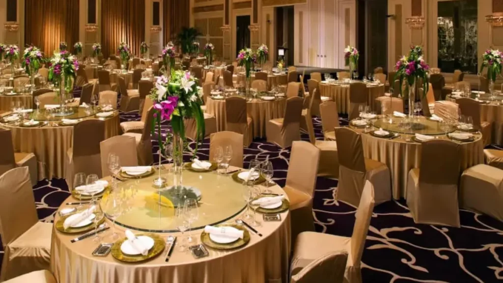 Elegant wedding dining setup showcasing curated culinary experience at ExpoInn, a wedding venue in Greater Noida